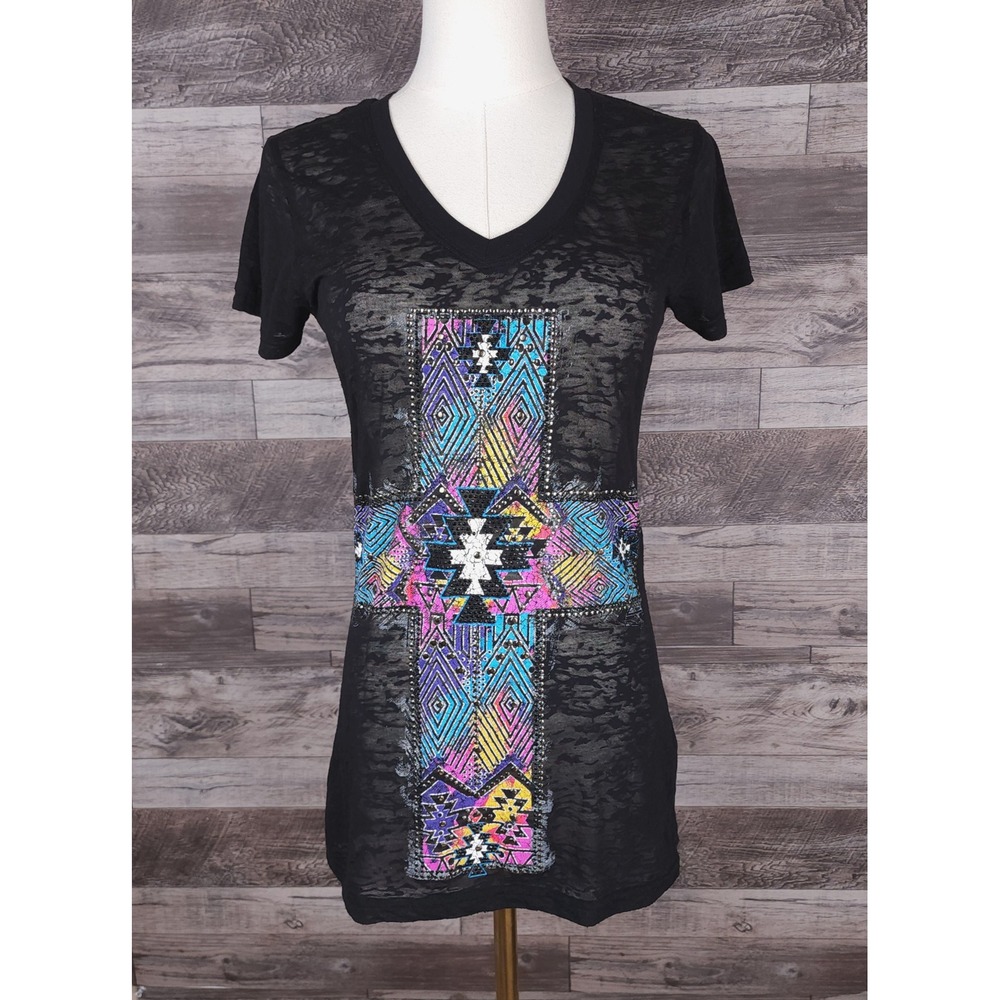 Rock & Roll Cowgirl Black Burnout Aztec Cross Studded V-Neck Tee Large